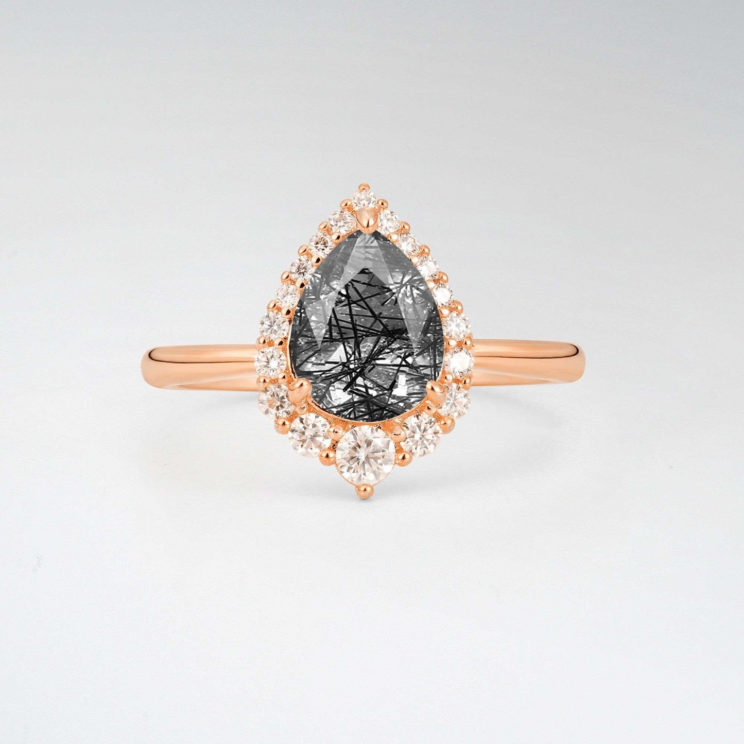 Pear Cut Black Rutilated Quartz Halo Engagement Ring - Additional view