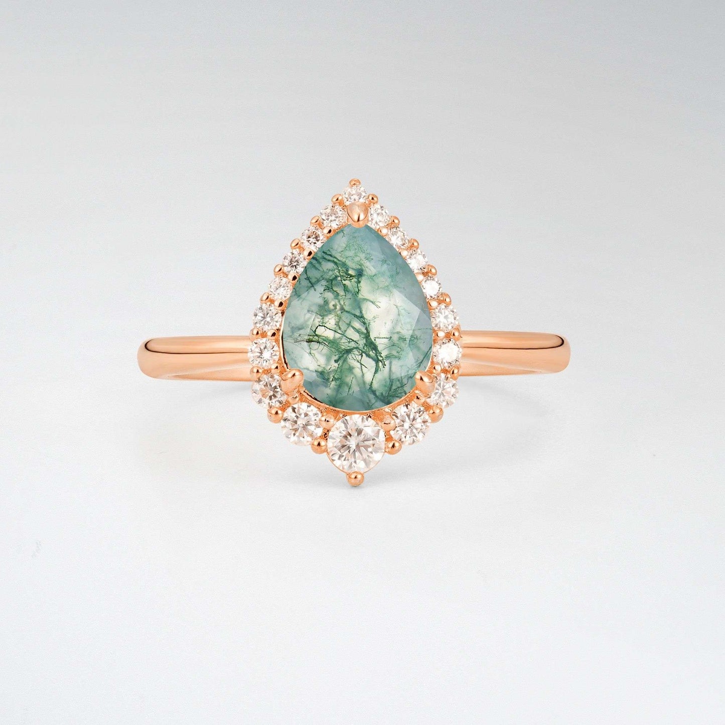 Pear Cut Moss Agate Halo Engagement Ring - Additional view