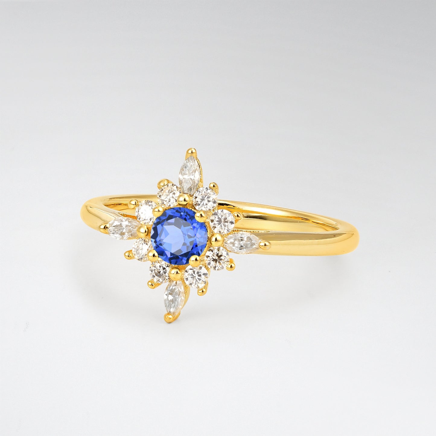 Vintage Round Cut Starburst Halo Sapphire Engagement Ring - Additional view