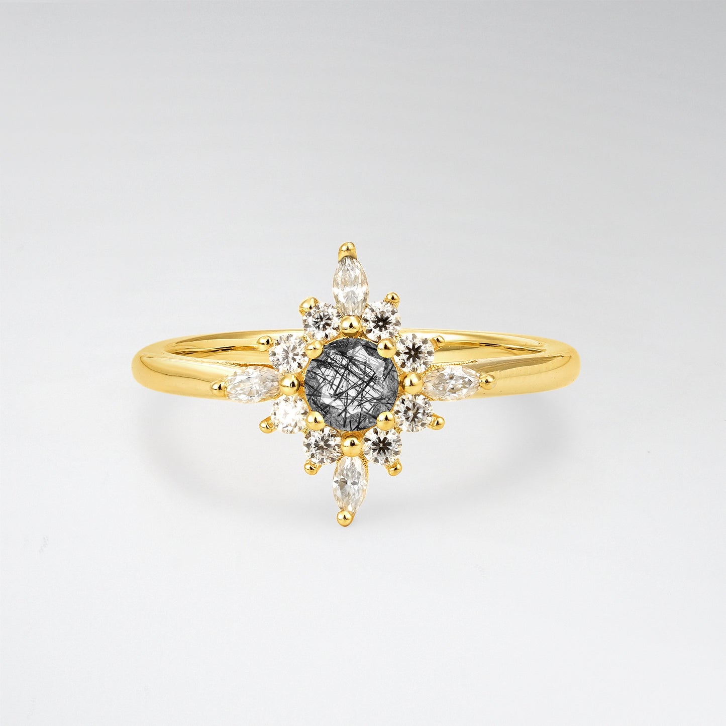 Vintage Round Cut Starburst Halo Black Rutilated Quartz Engagement Ring - Additional view