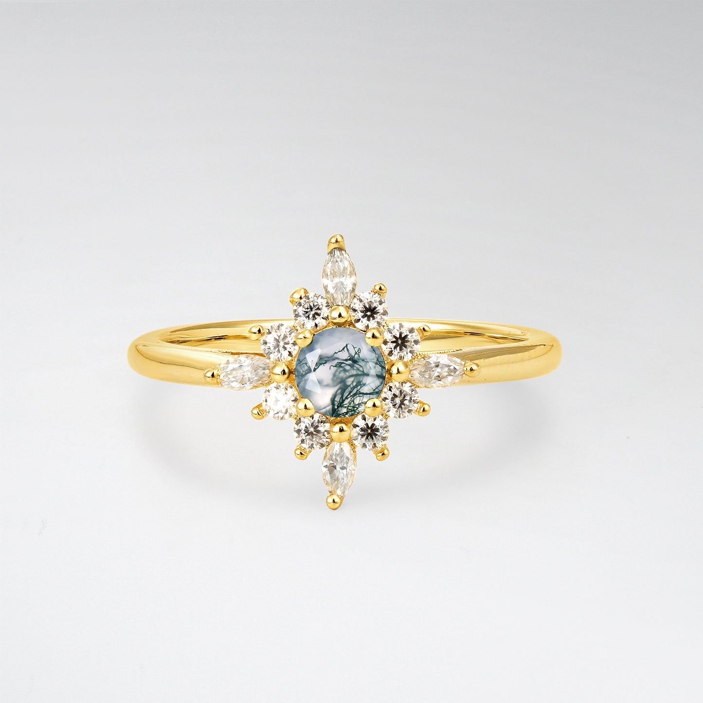 Vintage Round Cut Starburst Halo Moss Agate Engagement Ring - Additional view