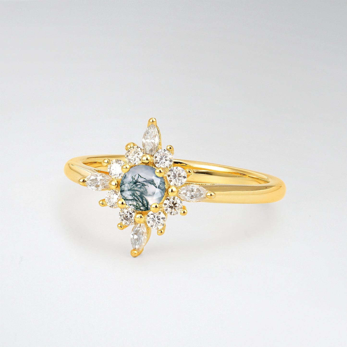 Vintage Round Cut Starburst Halo Moss Agate Engagement Ring - Additional view