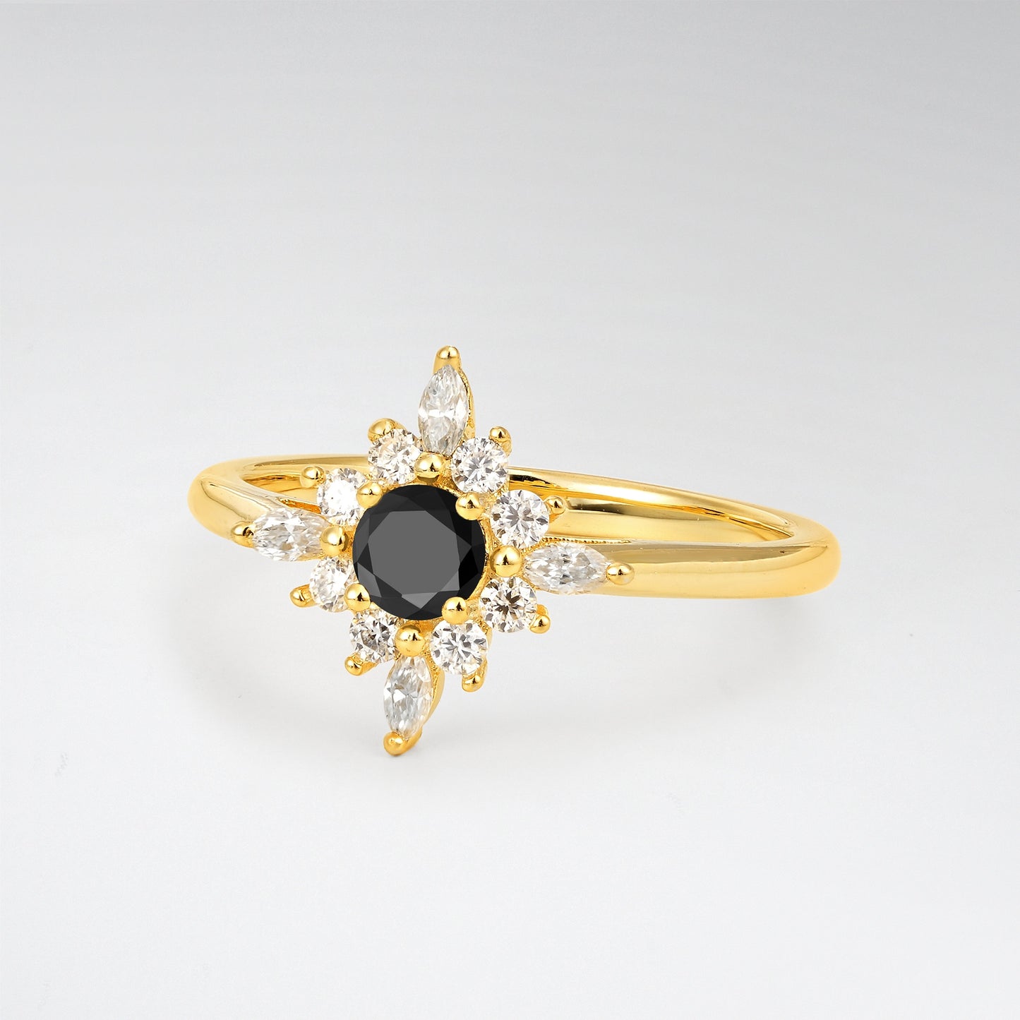 Vintage Round Cut Starburst Halo Black Onyx Engagement Ring - Additional view