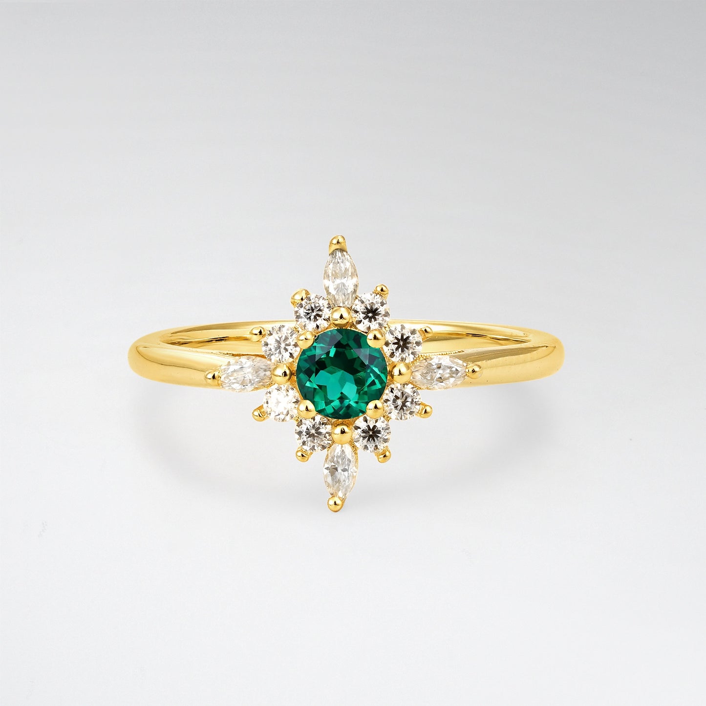 Vintage Round Cut Starburst Halo Emerald Engagement Ring - Additional view