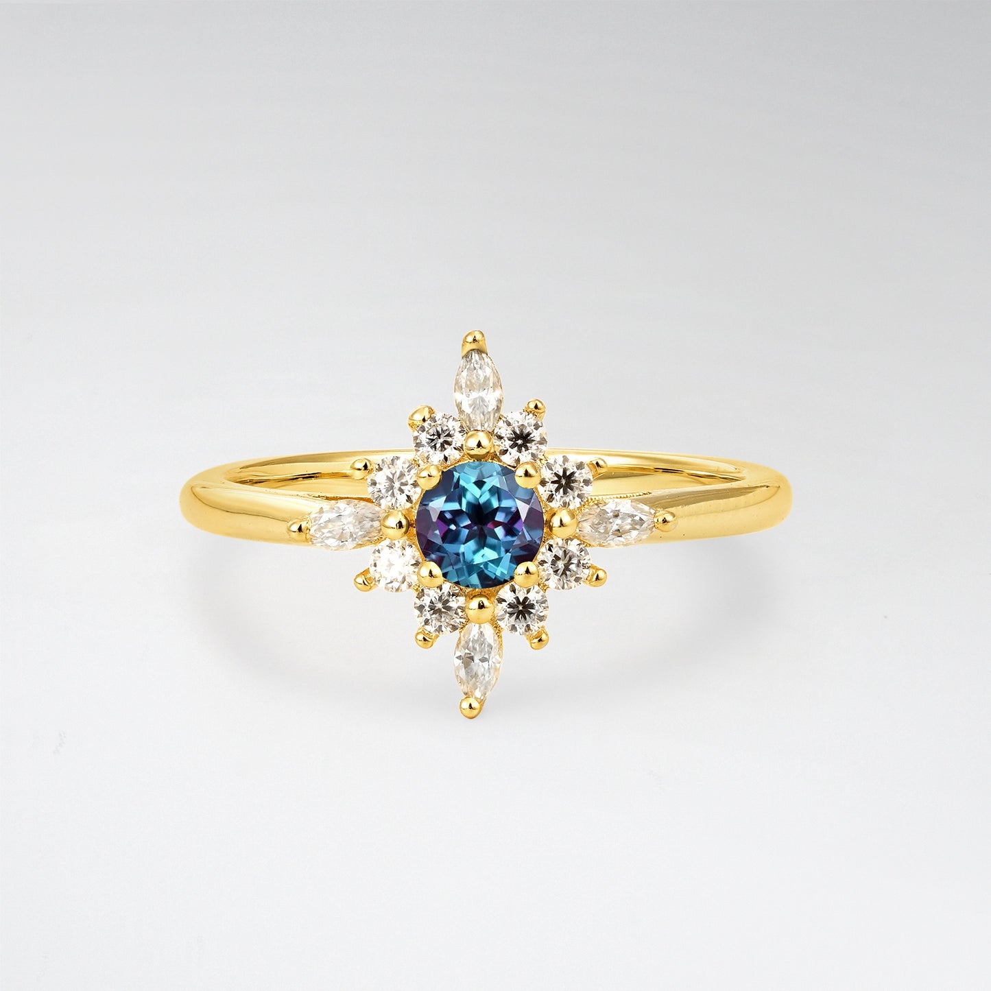 Vintage Round Cut Starburst Halo Alexandrite Engagement Ring - Additional view
