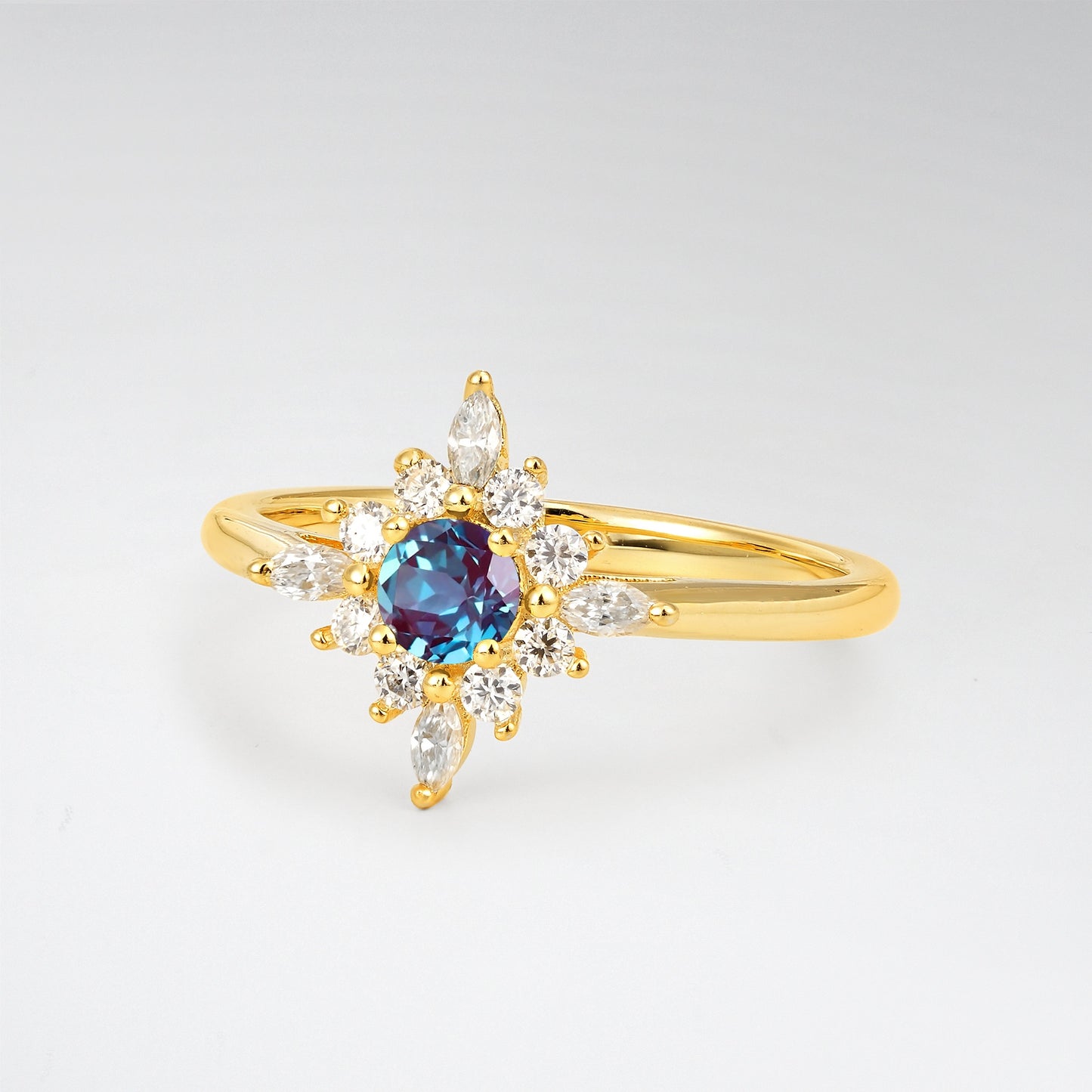 Vintage Round Cut Starburst Halo Alexandrite Engagement Ring - Additional view
