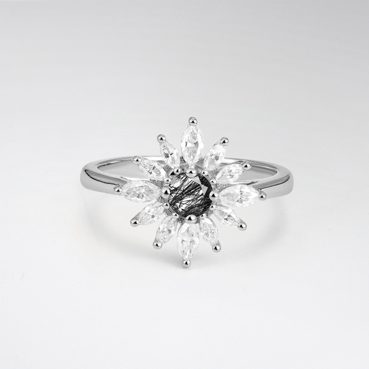 Floral Round Cut Black Rutilated Quartz Engagement Ring for Her - Additional view