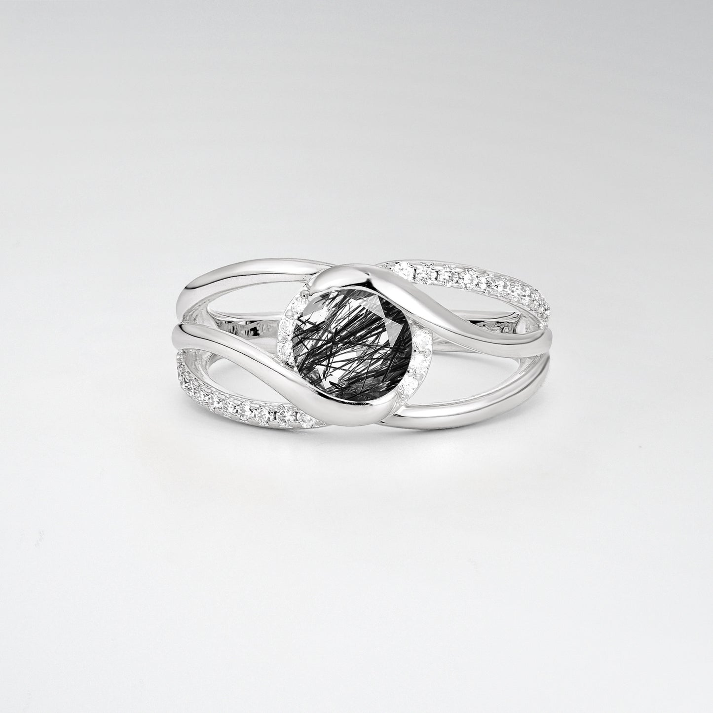 Round Cut Black Rutilated Quartz Split Shank Twist Engagement Ring - Additional view