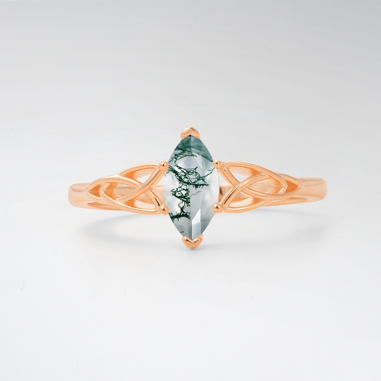 Celtic Marquise Cut Moss Agate Trinity Knot Solitaire Engagement Ring - Additional view