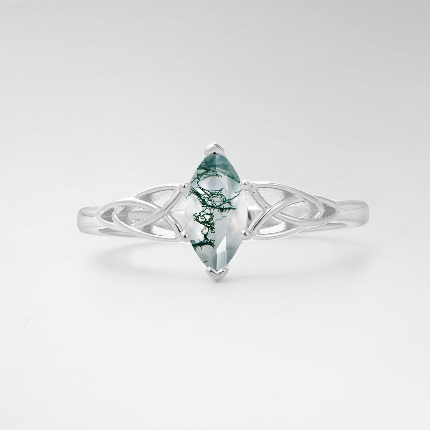 Celtic Marquise Cut Moss Agate Trinity Knot Solitaire Engagement Ring - Additional view