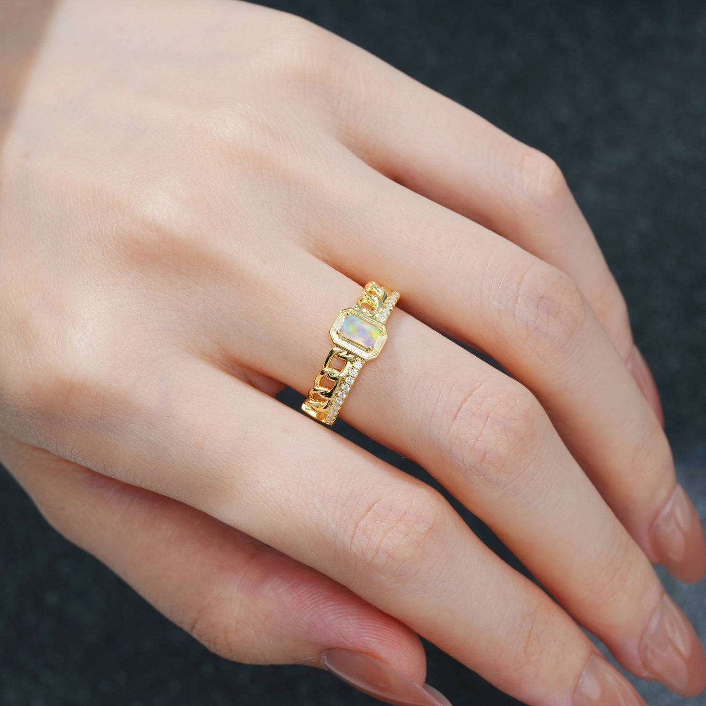Emerald Cut Opal Vintage Pave Engagement Ring - Additional view