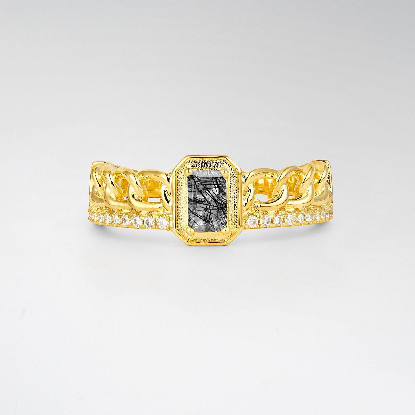 Emerald Cut Black Rutilated Quartz Vintage Pave Engagement Ring - Additional view