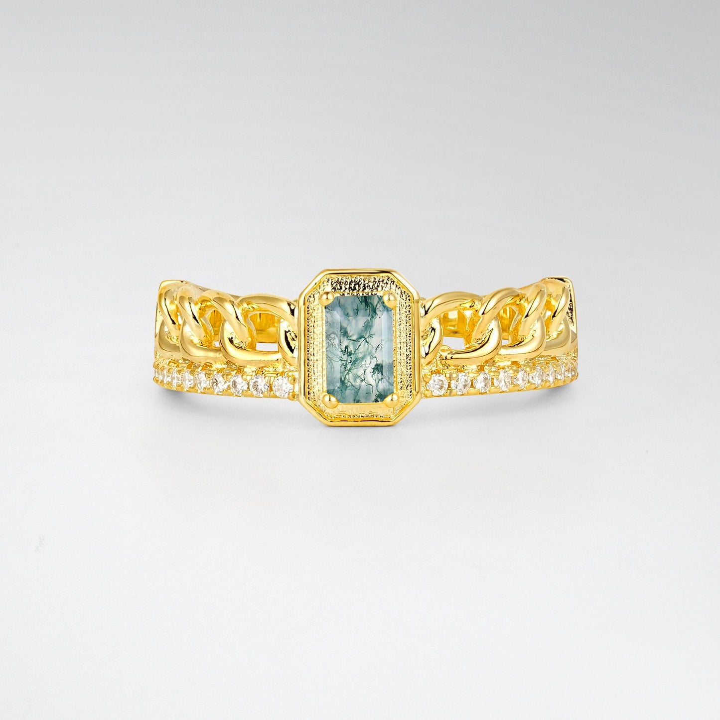 Emerald Cut Moss Agate Vintage Pave Engagement Ring - Additional view