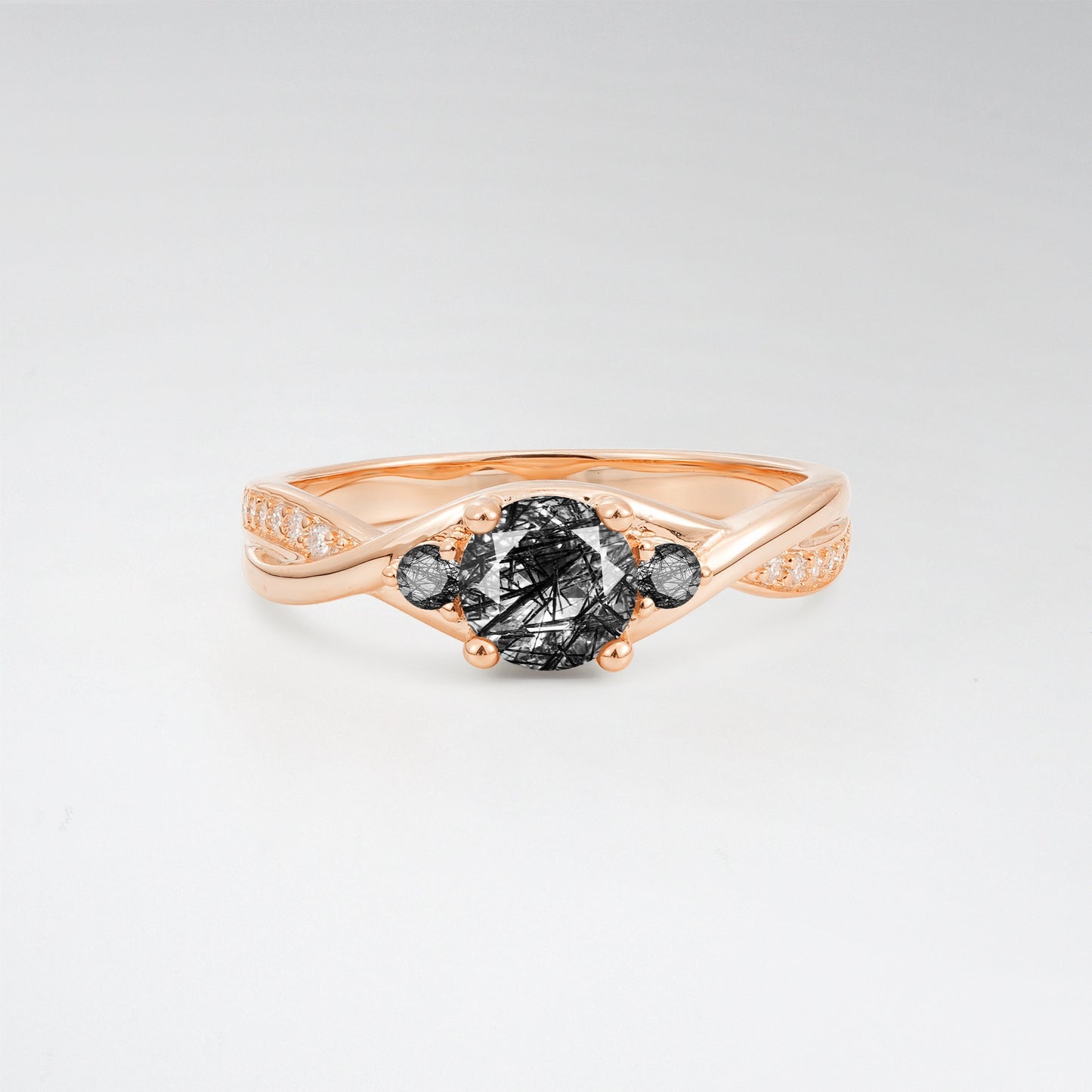Round Cut Three Stone Black Rutilated Quartz Infinity Twisted Pave Engagement Ring - Additional view