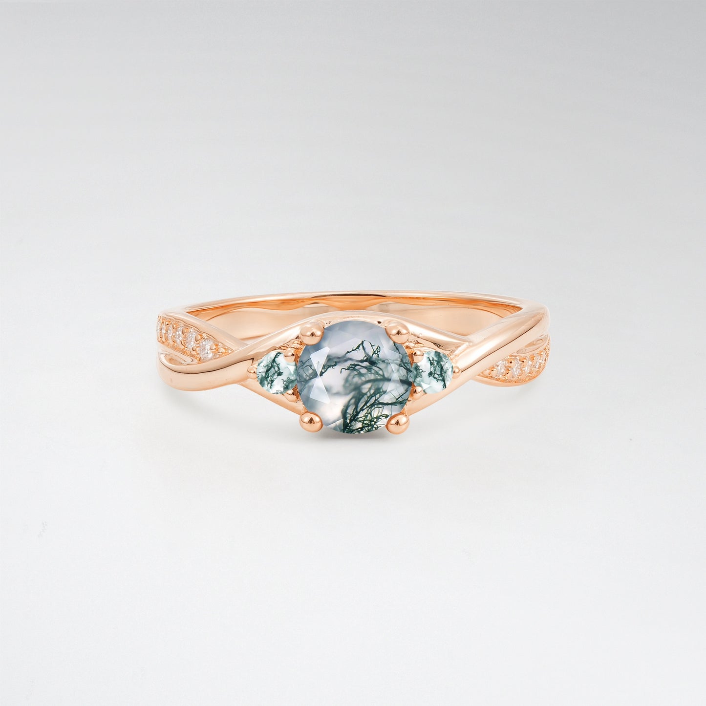 Round Cut Three Stone Moss Agate Infinity Twisted Pave Engagement Ring - Additional view