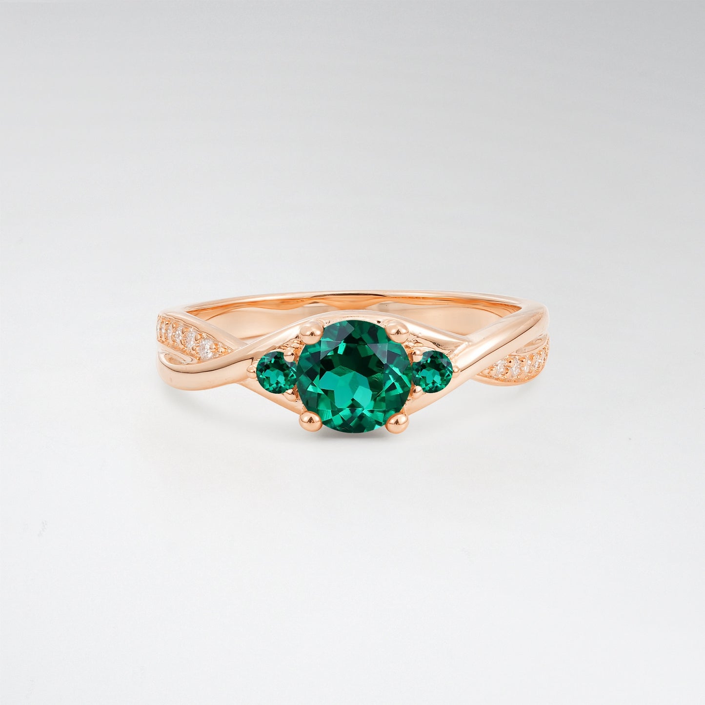 Round Cut Three Stone Emerald Infinity Twisted Pave Engagement Ring - Additional view