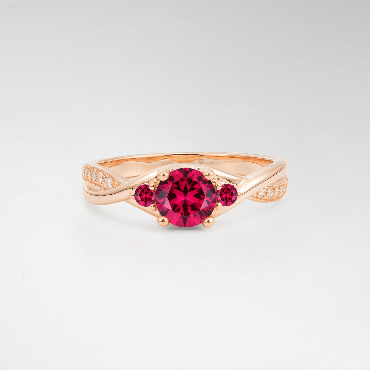 Round Cut Three Stone Ruby Infinity Twisted Pave Engagement Ring - Additional view