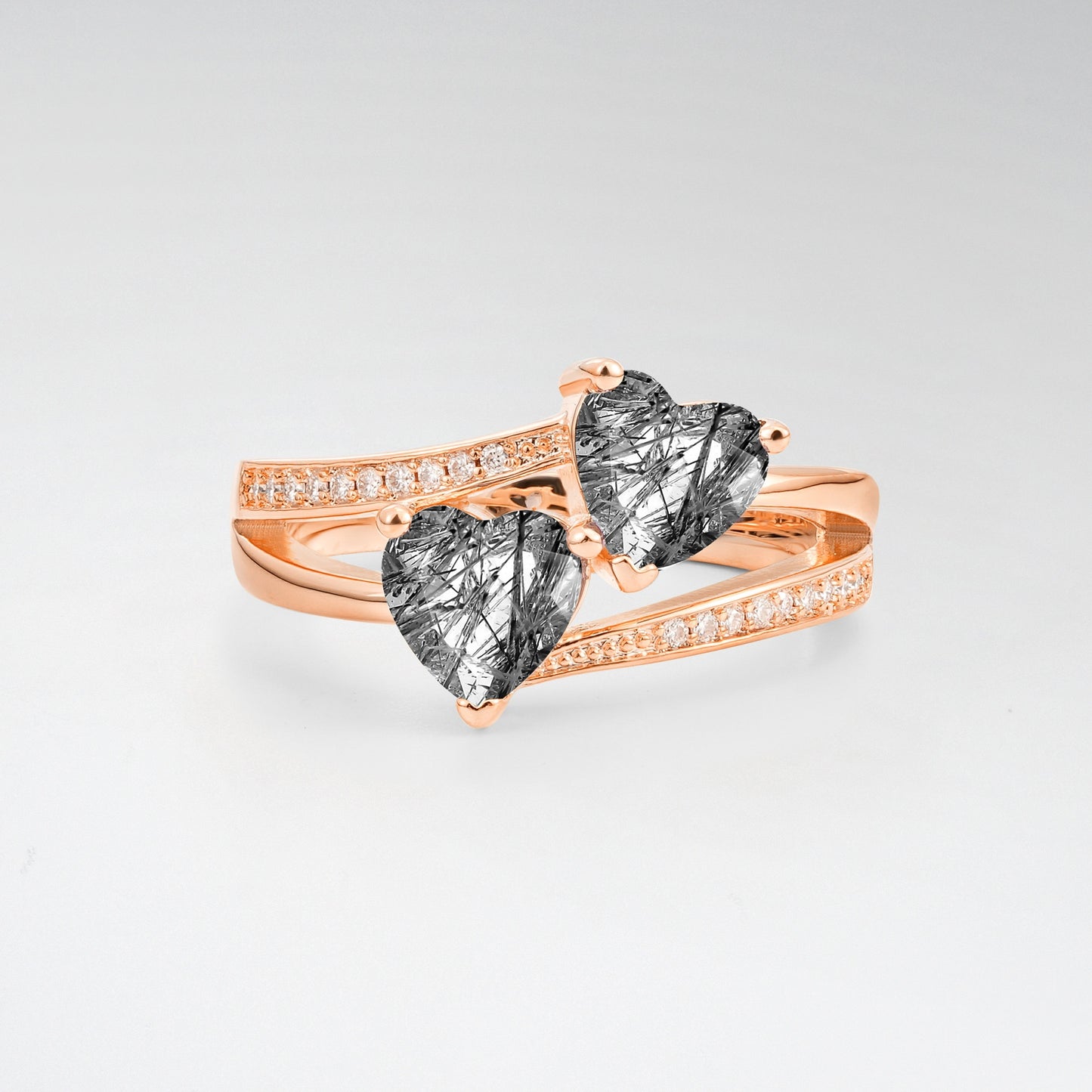 Romantic Heart Cut Black Rutilated Quartz 1.5CT Toi et Moi Bypass Pave Engagement Ring - Additional view