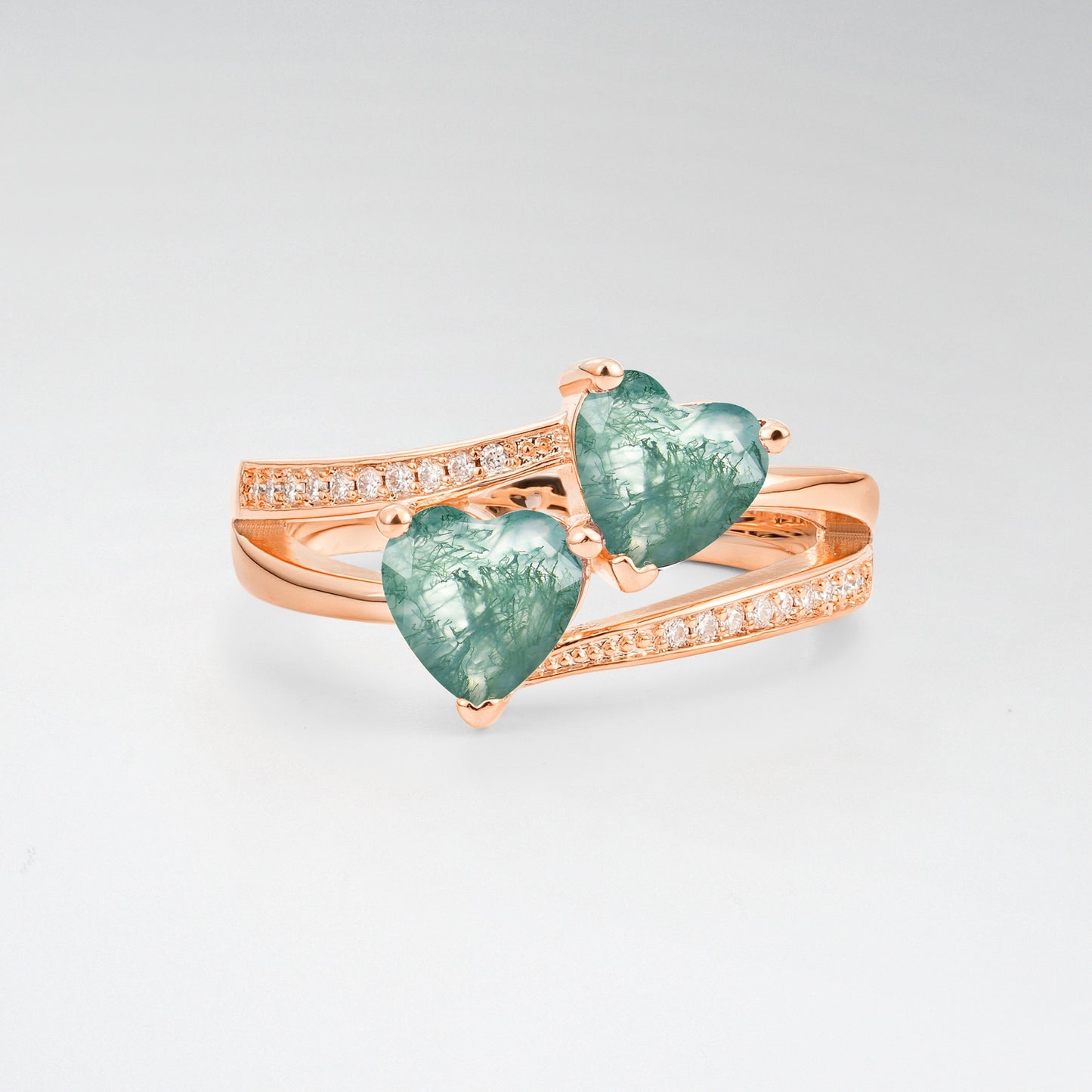 Romantic Heart Cut Moss Agate 1.5CT Toi et Moi Bypass Pave Engagement Ring - Additional view