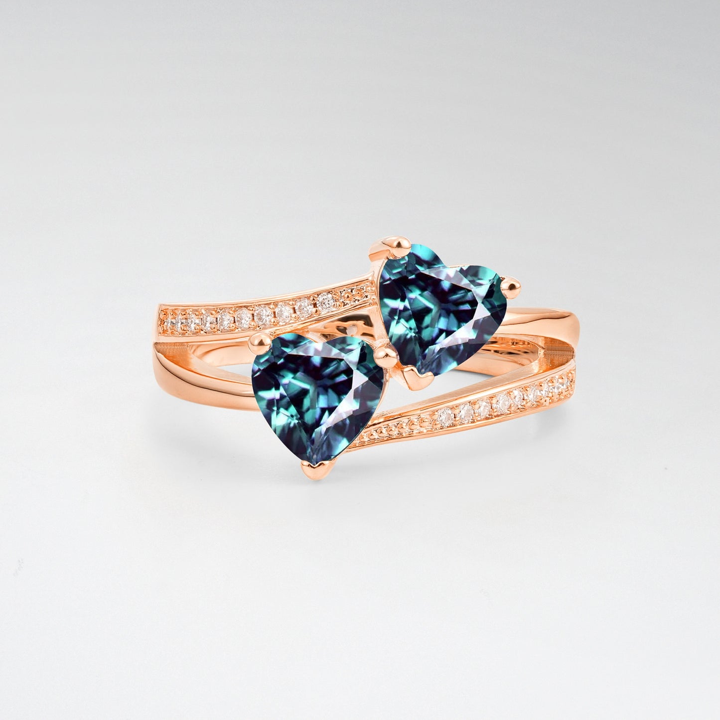 Romantic Heart Cut Alexandrite 1.5CT Toi et Moi Bypass Pave Engagement Ring - Additional view