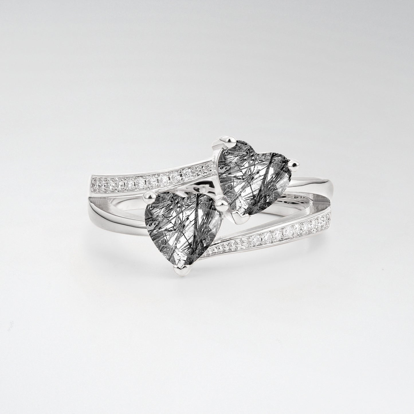 Romantic Heart Cut Black Rutilated Quartz 1.5CT Toi et Moi Bypass Pave Engagement Ring - Additional view