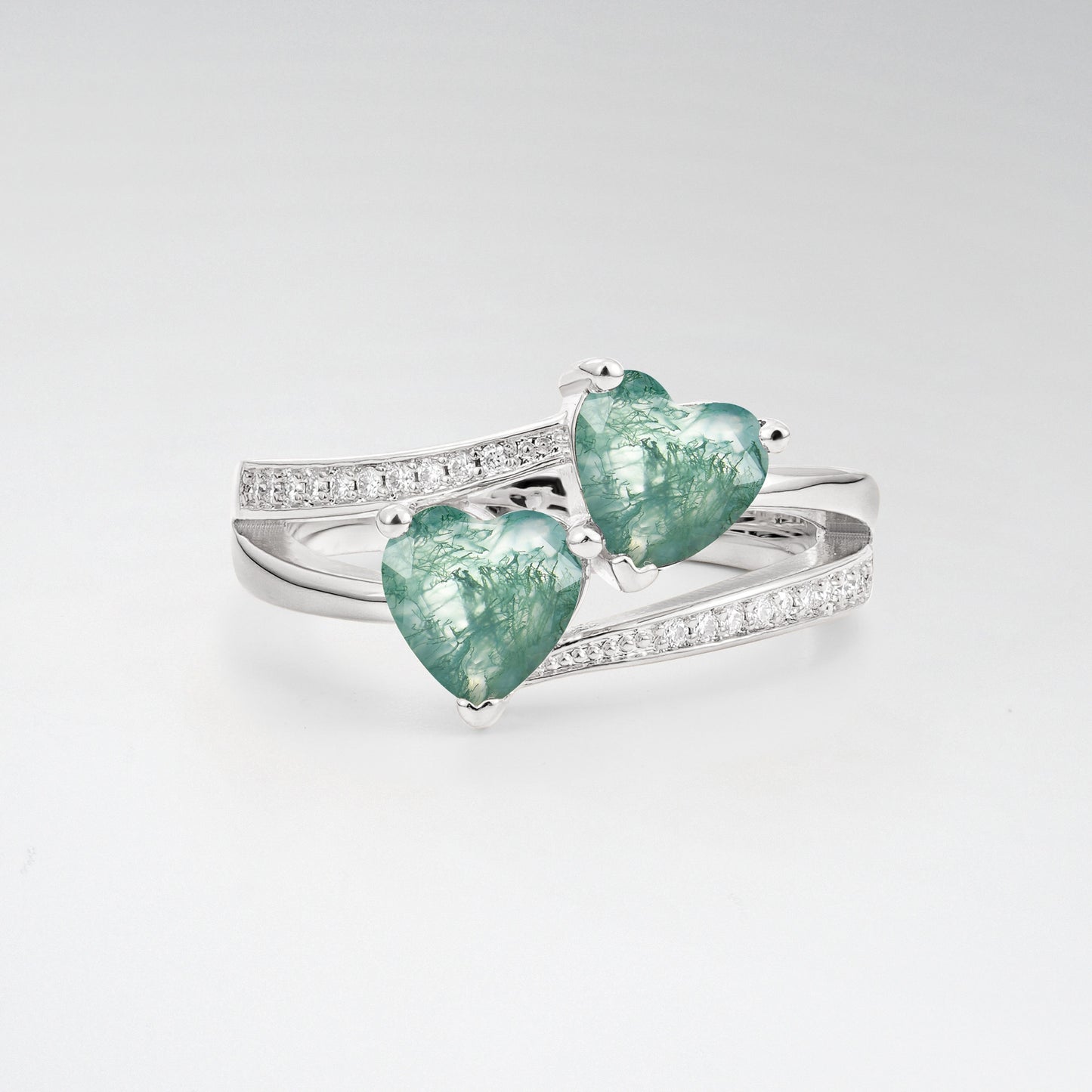 Romantic Heart Cut Moss Agate 1.5CT Toi et Moi Bypass Pave Engagement Ring - Additional view