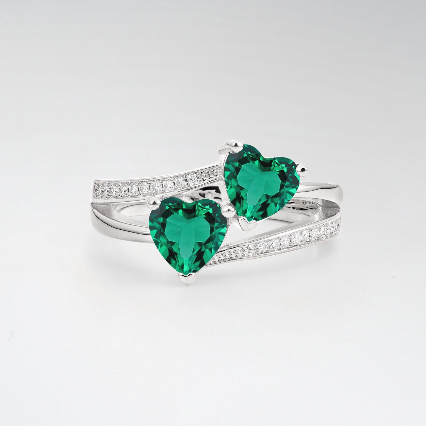 Romantic Heart Cut Emerald 1.5CT Toi et Moi Bypass Pave Engagement Ring - Additional view