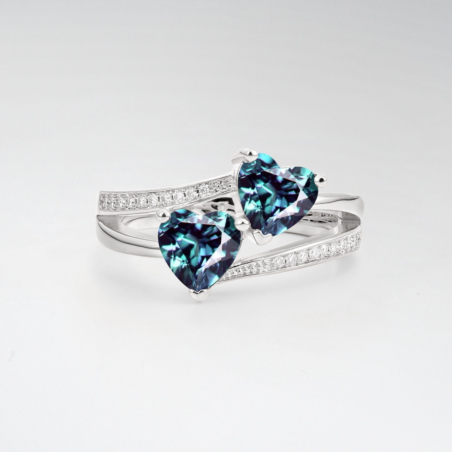 Romantic Heart Cut Alexandrite 1.5CT Toi et Moi Bypass Pave Engagement Ring - Additional view
