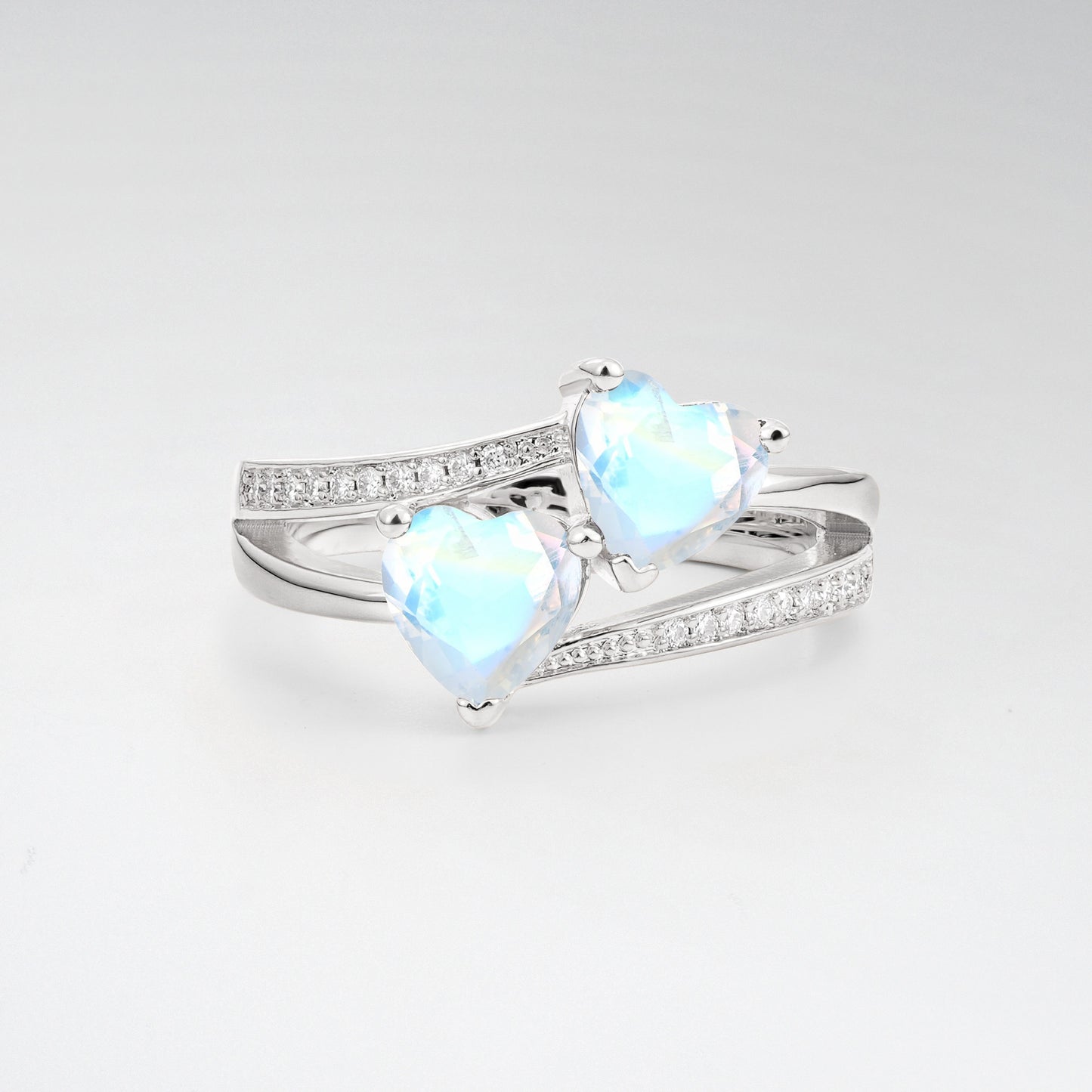 Romantic Heart Cut Moonstone 1.5CT Toi et Moi Bypass Pave Engagement Ring - Additional view