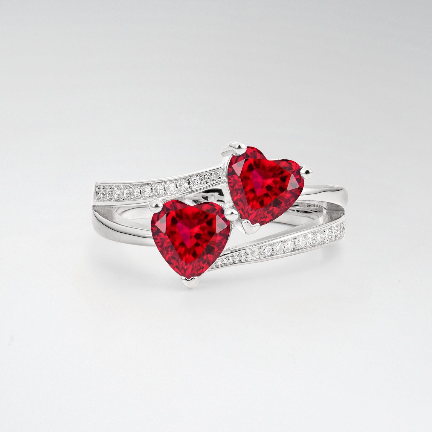 Romantic Heart Cut Ruby 1.5CT Toi et Moi Bypass Pave Engagement Ring - Additional view