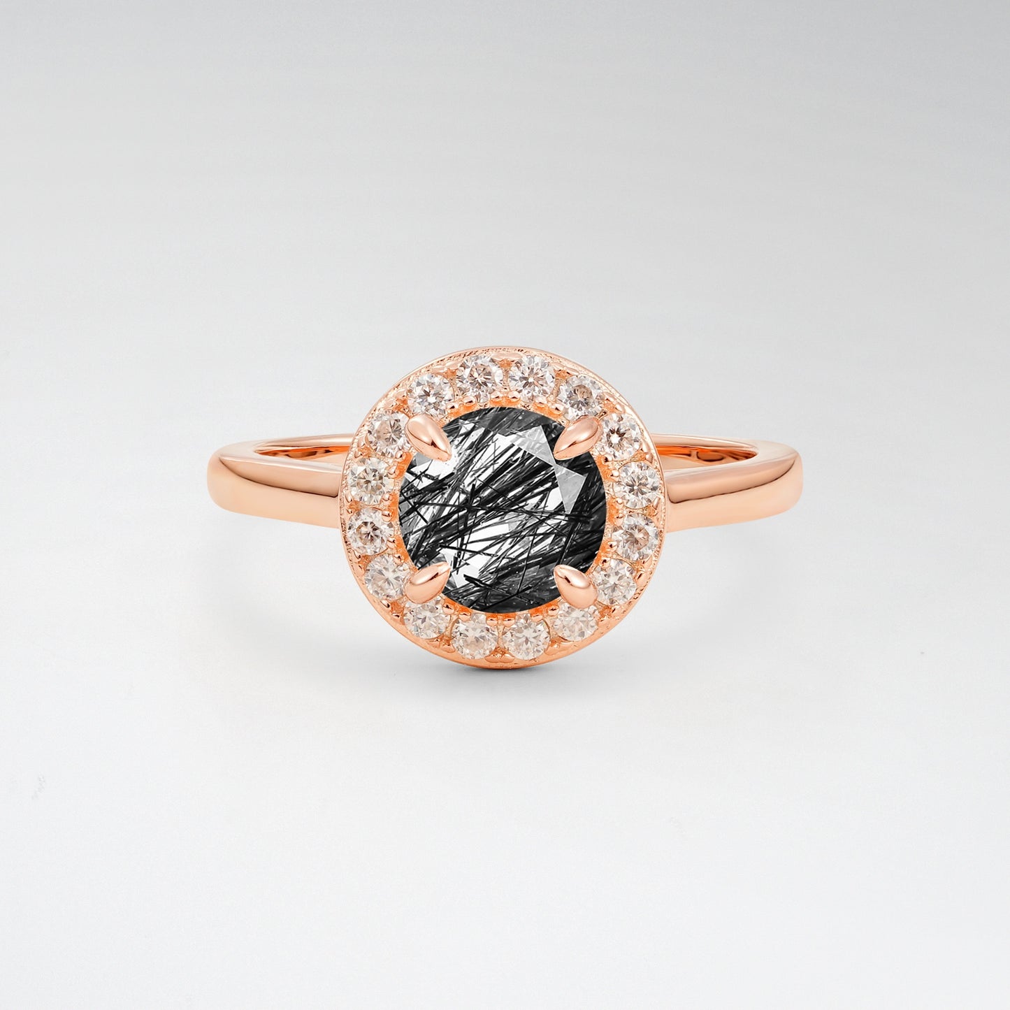 Classic Round Cut Black Rutilated Quartz 1CT Halo Plain Band Engagement Ring - Additional view