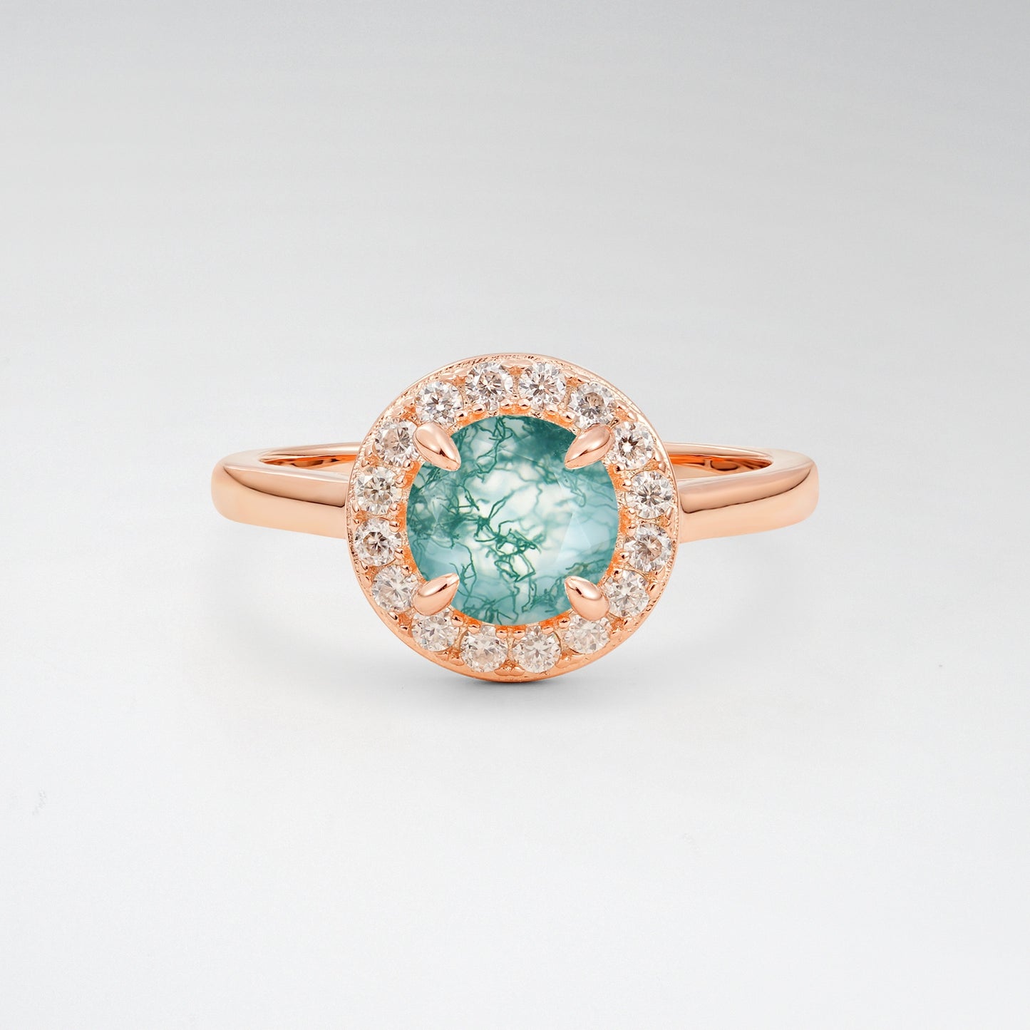 Classic Round Cut Moss Agate 1CT Halo Plain Band Engagement Ring - Additional view