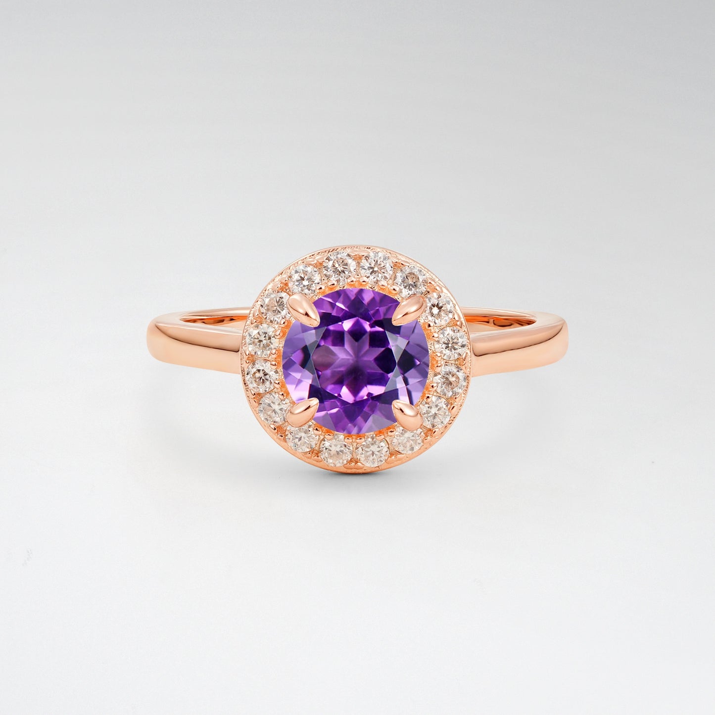 Classic Round Cut Amethyst 1CT Halo Plain Band Engagement Ring - Additional view