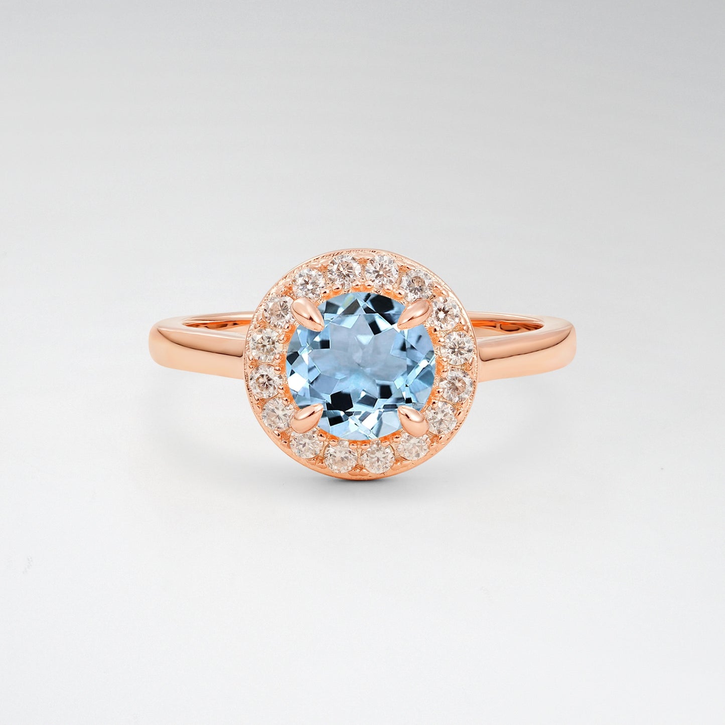 Classic Round Cut Aquamarine 1CT Halo Plain Band Engagement Ring - Additional view