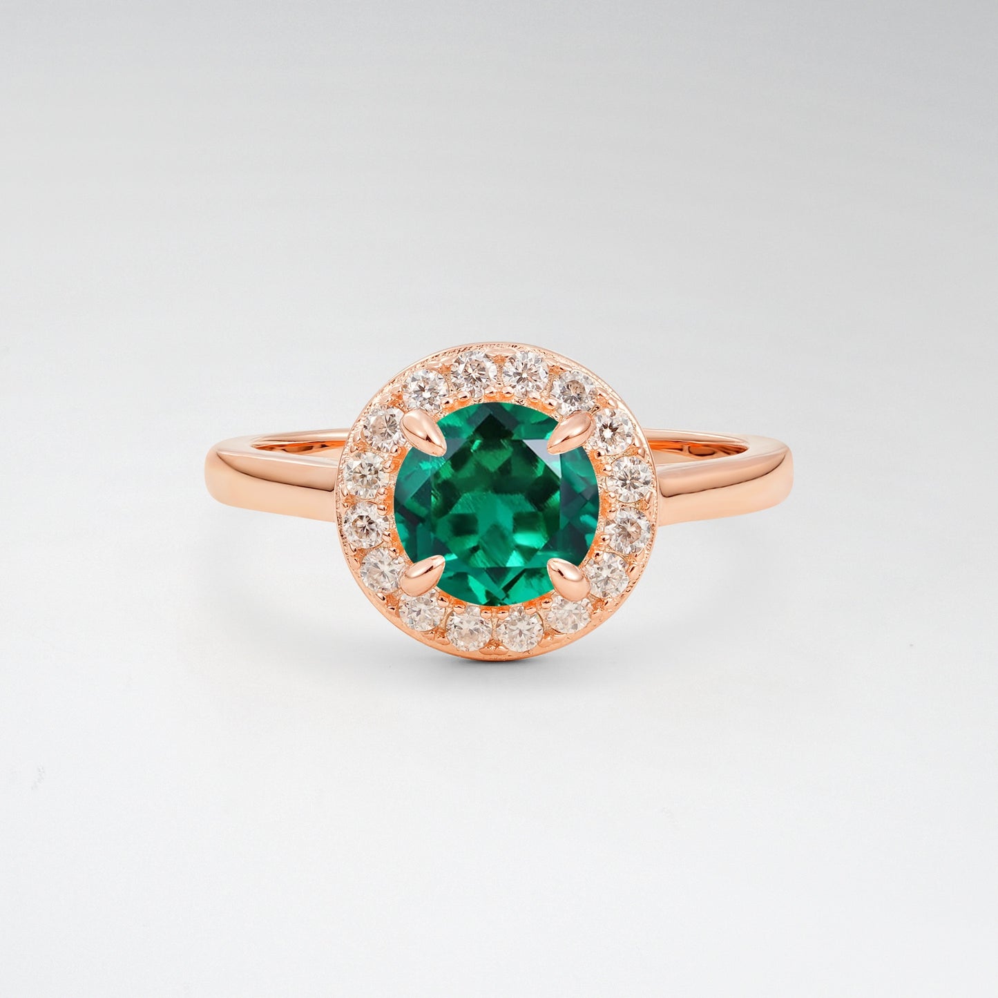 Classic Round Cut Emerald 1CT Halo Plain Band Engagement Ring - Additional view