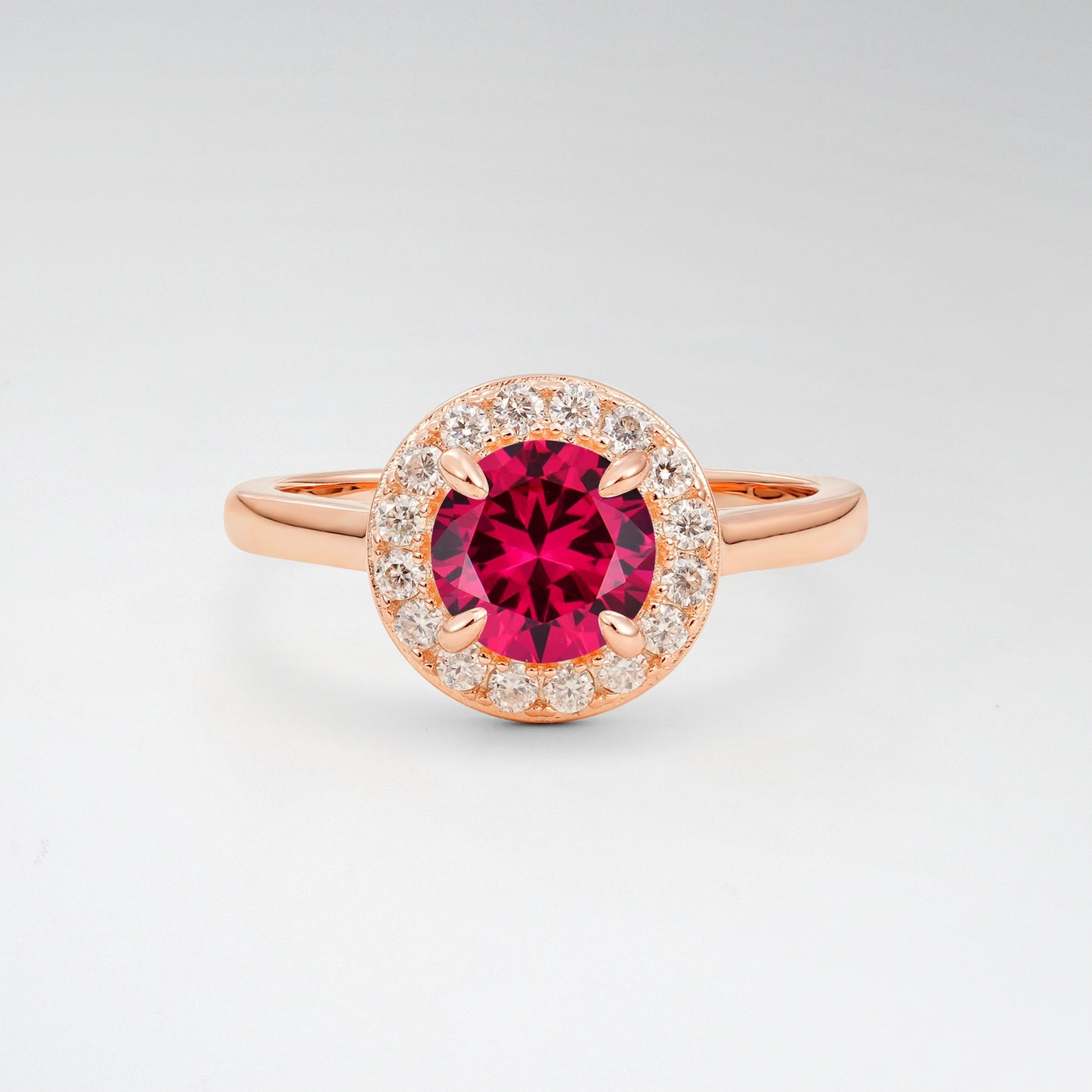 Classic Round Cut Ruby 1CT Halo Plain Band Engagement Ring - Additional view