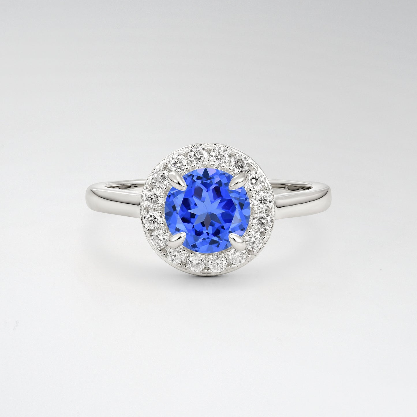 Classic Round Cut Sapphire 1CT Halo Plain Band Engagement Ring - Additional view