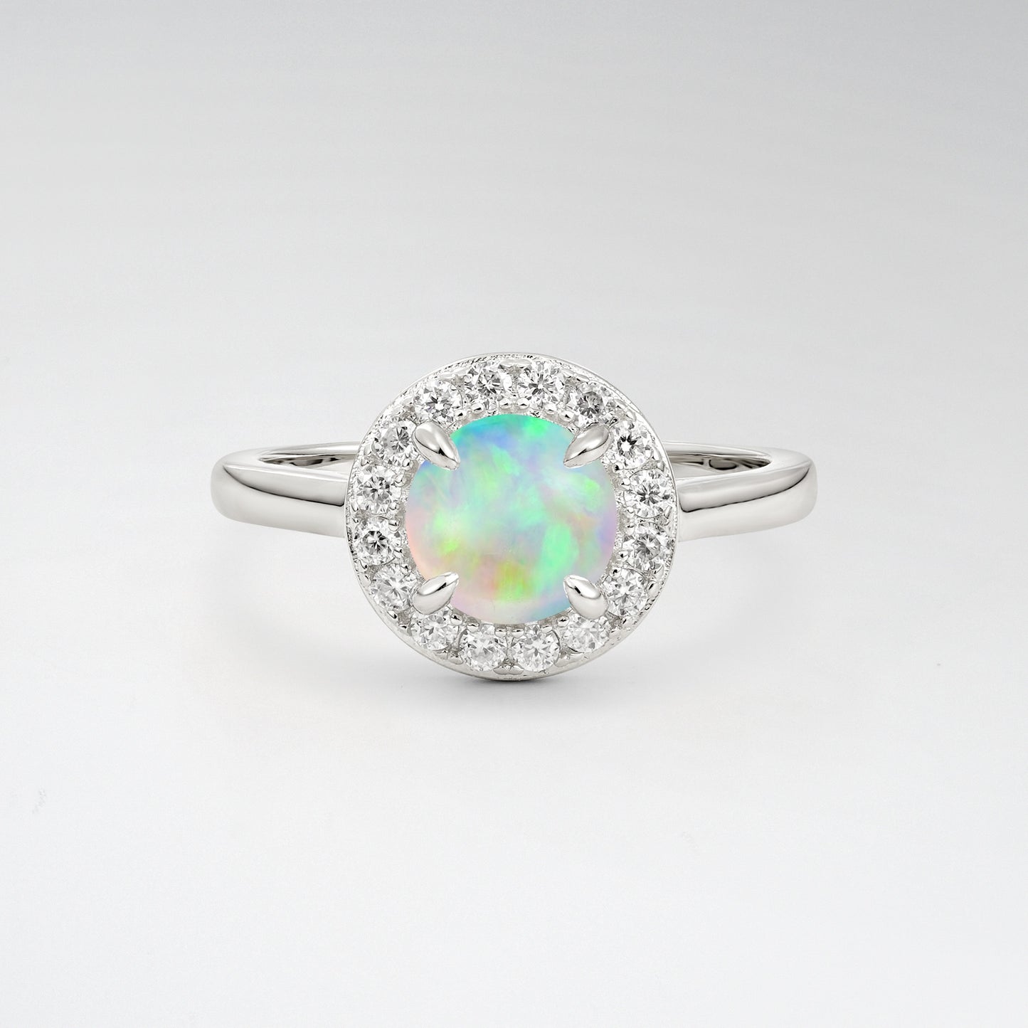 Classic Round Cut Opal 1CT Halo Plain Band Engagement Ring - Additional view
