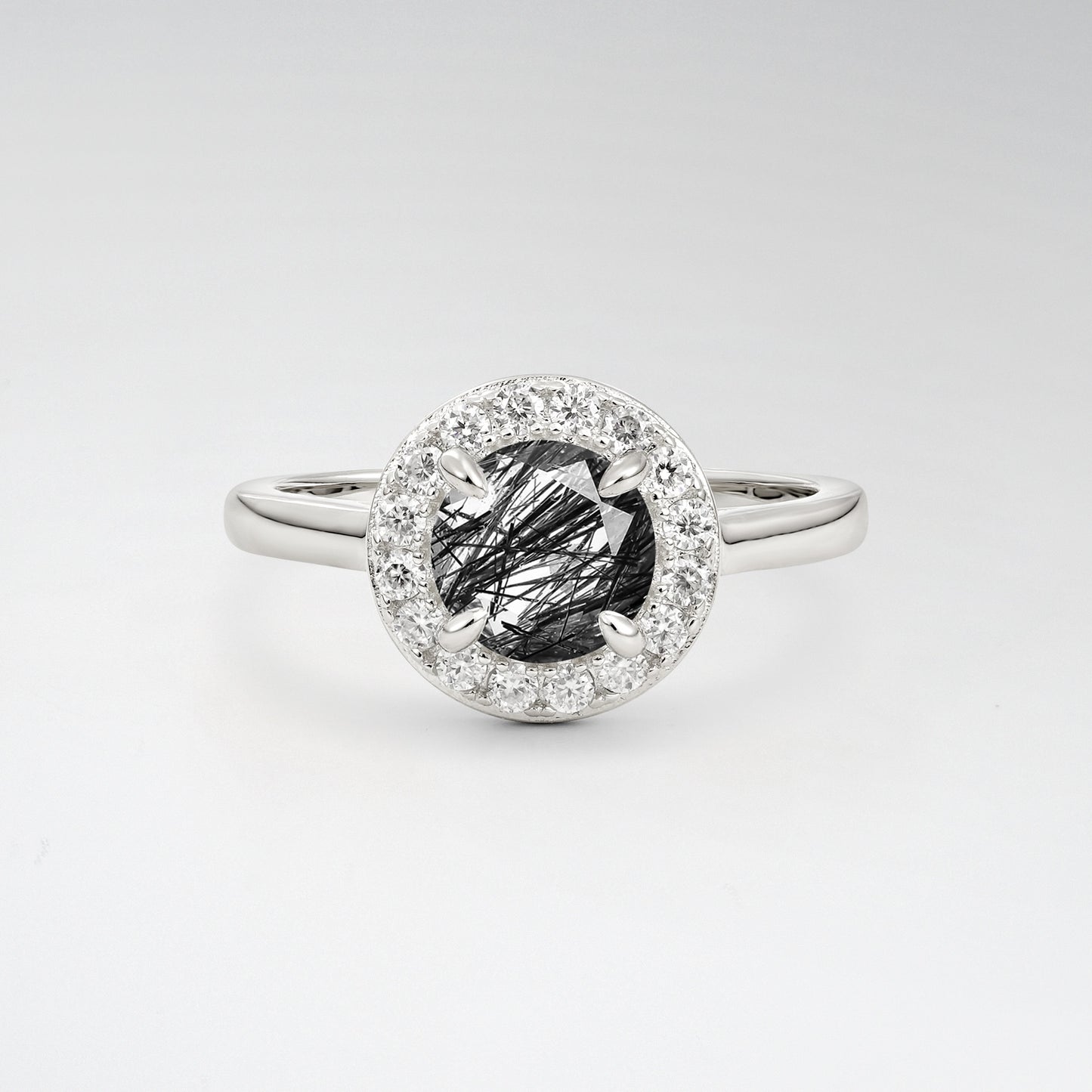 Classic Round Cut Black Rutilated Quartz 1CT Halo Plain Band Engagement Ring - Additional view