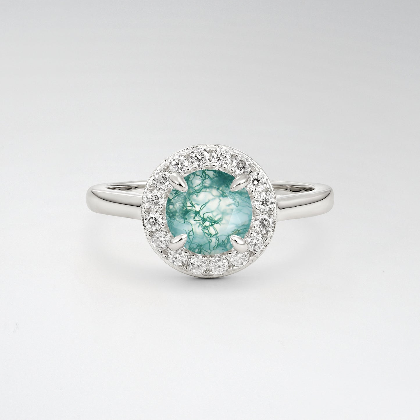 Classic Round Cut Moss Agate 1CT Halo Plain Band Engagement Ring - Additional view