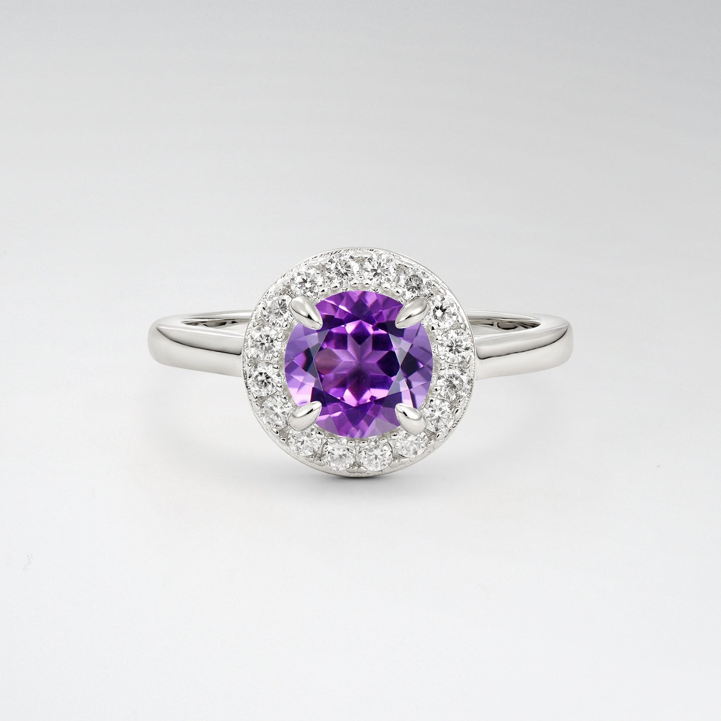 Classic Round Cut Amethyst 1CT Halo Plain Band Engagement Ring - Additional view