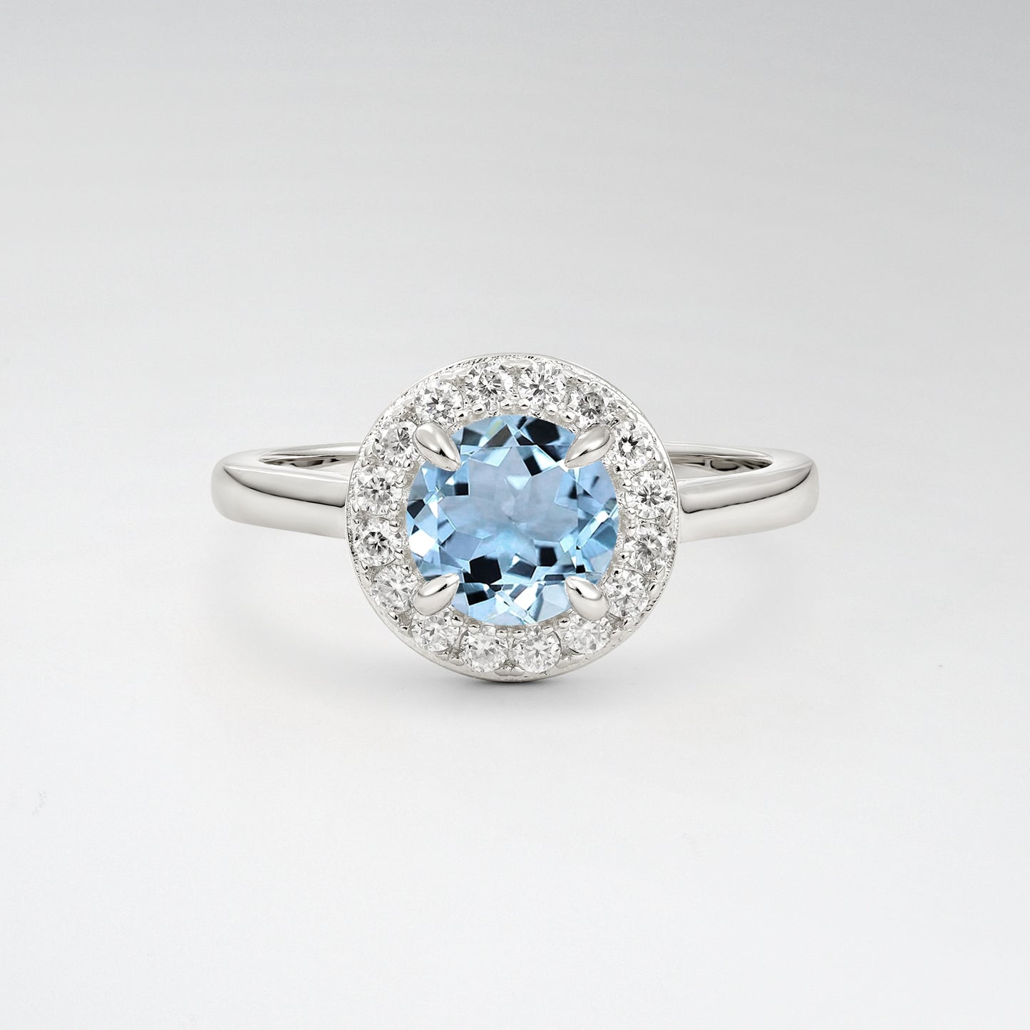Classic Round Cut Aquamarine 1CT Halo Plain Band Engagement Ring - Additional view