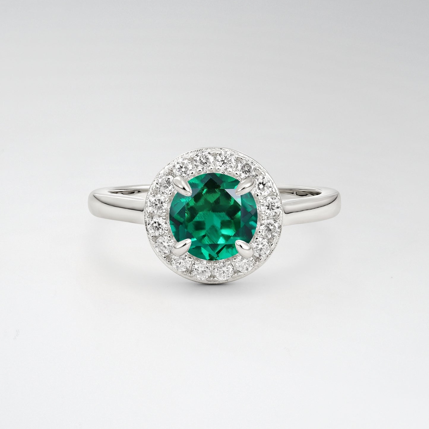 Classic Round Cut Emerald 1CT Halo Plain Band Engagement Ring - Additional view