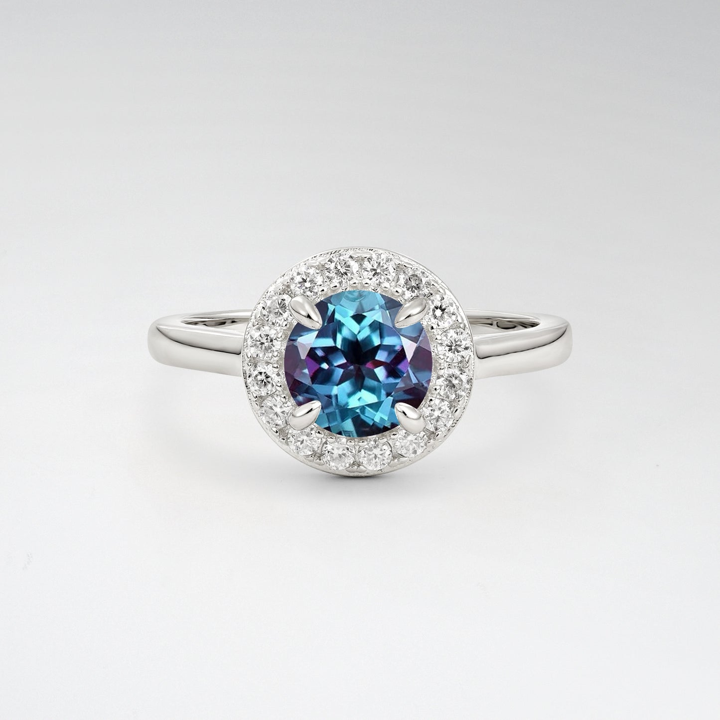 Classic Round Cut Alexandrite 1CT Halo Plain Band Engagement Ring - Additional view