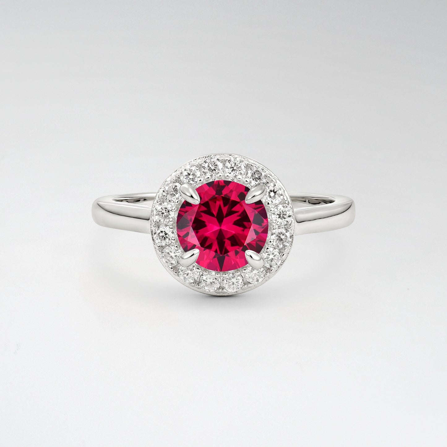 Classic Round Cut Ruby 1CT Halo Plain Band Engagement Ring - Additional view