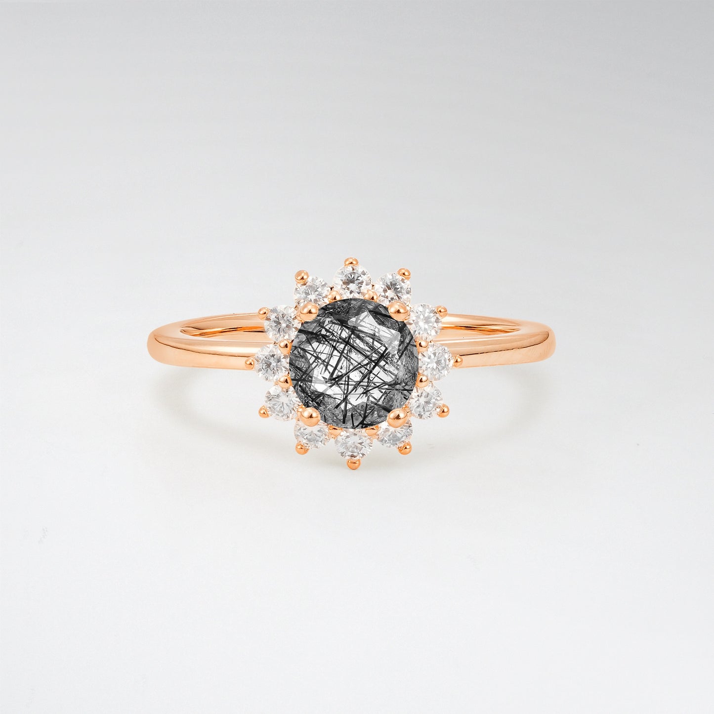 1CT Vintage Round Cut Black Rutilated Quartz Sunflower Halo Engagement Ring - Additional view