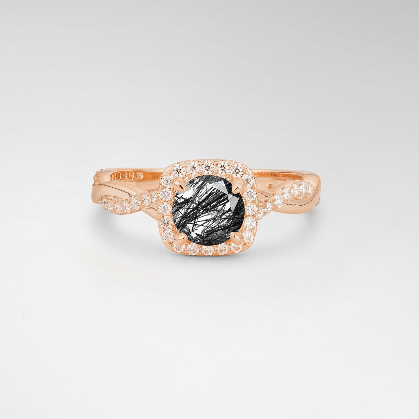 Halo Round Cut Black Rutilated Quartz Twisted Pave Engagement Ring - Additional view