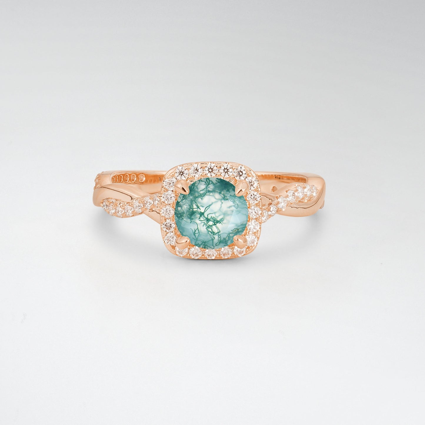 Halo Round Cut Moss Agate Twisted Pave Engagement Ring - Additional view