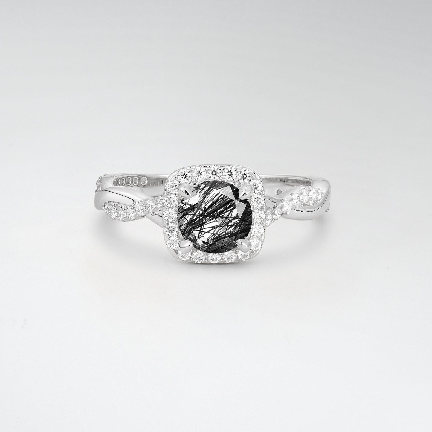 Halo Round Cut Black Rutilated Quartz Twisted Pave Engagement Ring - Additional view