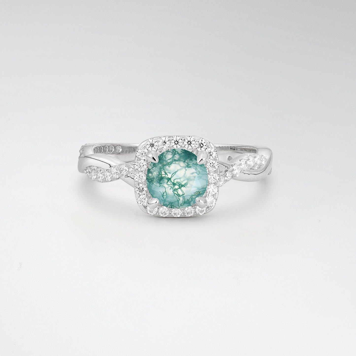 Halo Round Cut Moss Agate Twisted Pave Engagement Ring - Additional view